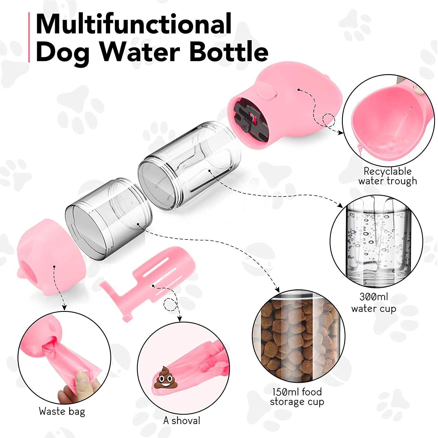 Qpets Dog Water Bottles Portable Leak Proof Dog Water Dispenser with Drinking and Feeding Function Lightweight Pet Water Dispenser for Walking and Travel for Dog, Cat 300ml(Pink) Qpets Dog Water Bottles Portable Leak Proof Dog Water Dispenser with Drinking and Feeding Function Lightweight Pet Water Dispenser for Walking and Travel for Dog, Cat 300ml(Pink)